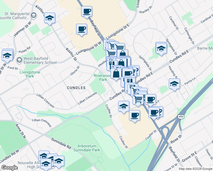 map of restaurants, bars, coffee shops, grocery stores, and more near 12 Kozlov Street in Barrie