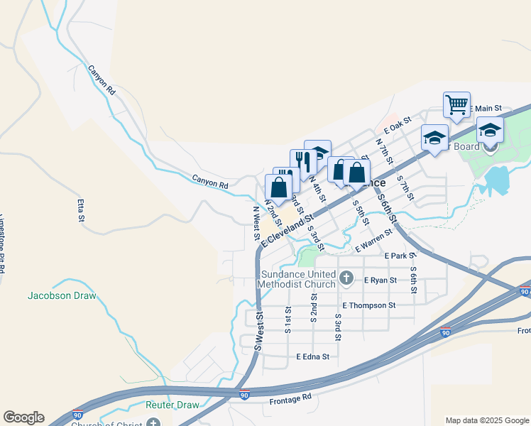 map of restaurants, bars, coffee shops, grocery stores, and more near 301 East Main Street in Sundance