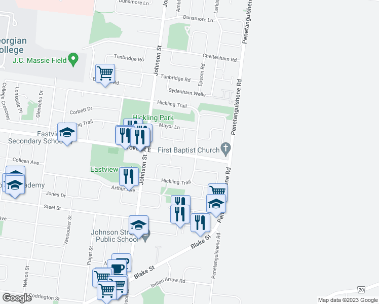 map of restaurants, bars, coffee shops, grocery stores, and more near 528 Grove Street East in Barrie