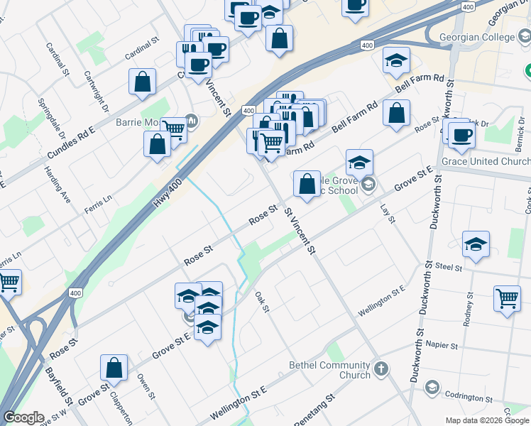 map of restaurants, bars, coffee shops, grocery stores, and more near Rose Street in Barrie