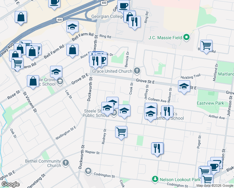 map of restaurants, bars, coffee shops, grocery stores, and more near 33 Davies Crescent in Barrie