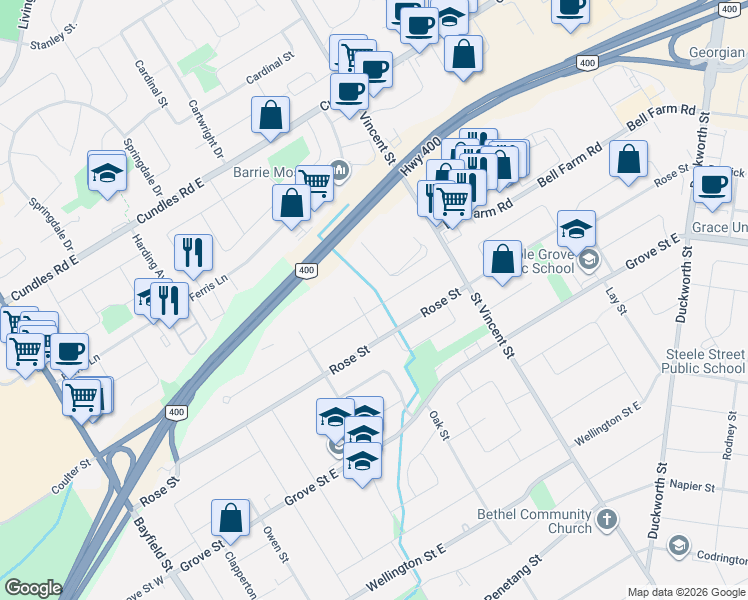 map of restaurants, bars, coffee shops, grocery stores, and more near 68 Ottaway Avenue in Barrie
