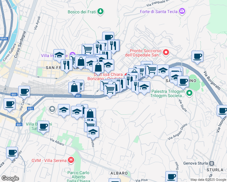 map of restaurants, bars, coffee shops, grocery stores, and more near 195 Corso Aldo Gastaldi in Genova