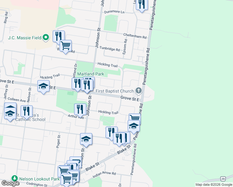 map of restaurants, bars, coffee shops, grocery stores, and more near 526 Grove Street East in Barrie