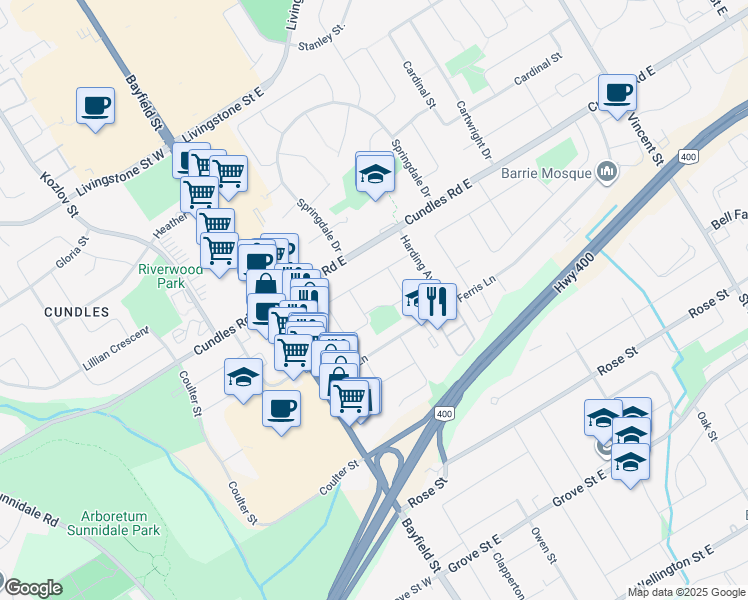 map of restaurants, bars, coffee shops, grocery stores, and more near 14 Redpath Road in Barrie