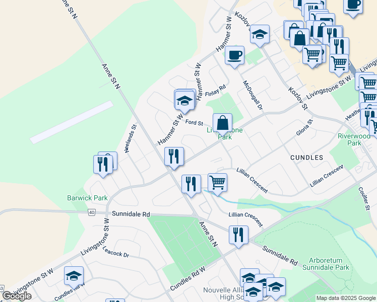 map of restaurants, bars, coffee shops, grocery stores, and more near 79 Weatherup Crescent in Barrie