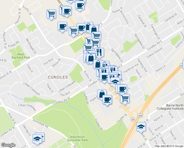 map of restaurants, bars, coffee shops, grocery stores, and more near 12 Cundles Road West in Barrie