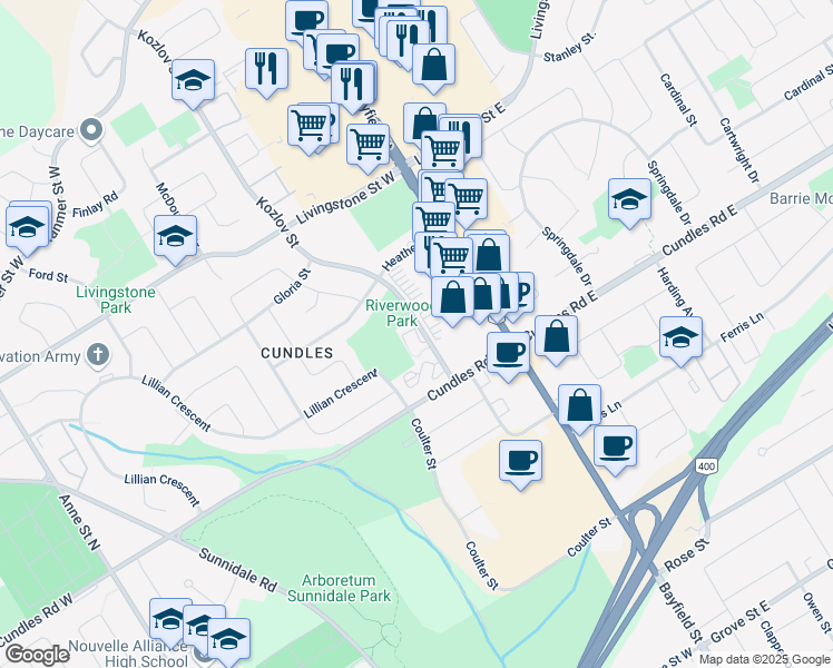 map of restaurants, bars, coffee shops, grocery stores, and more near 400 Bayfield Street in Barrie