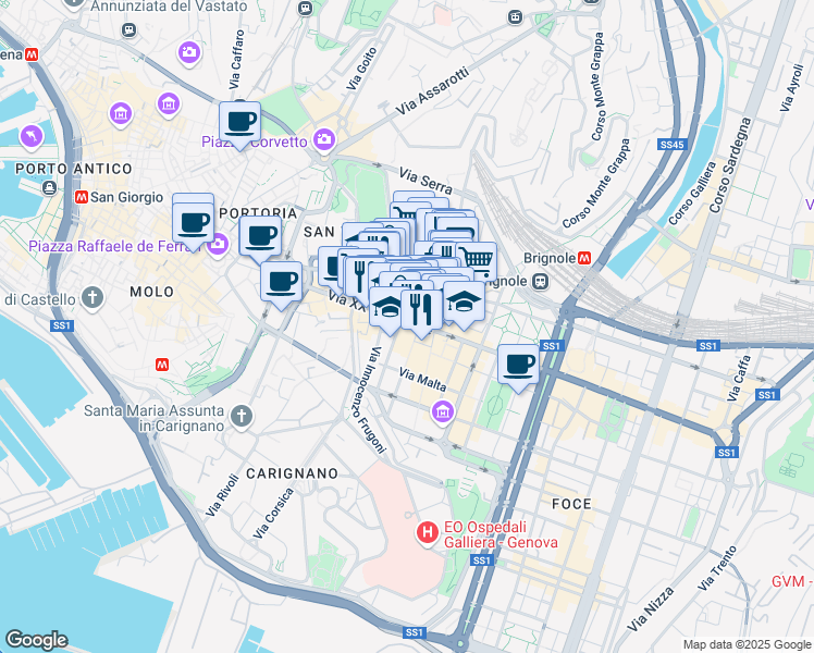 map of restaurants, bars, coffee shops, grocery stores, and more near 16 Via della Consolazione in Genova