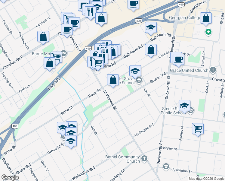 map of restaurants, bars, coffee shops, grocery stores, and more near 37 Burbank Place in Barrie