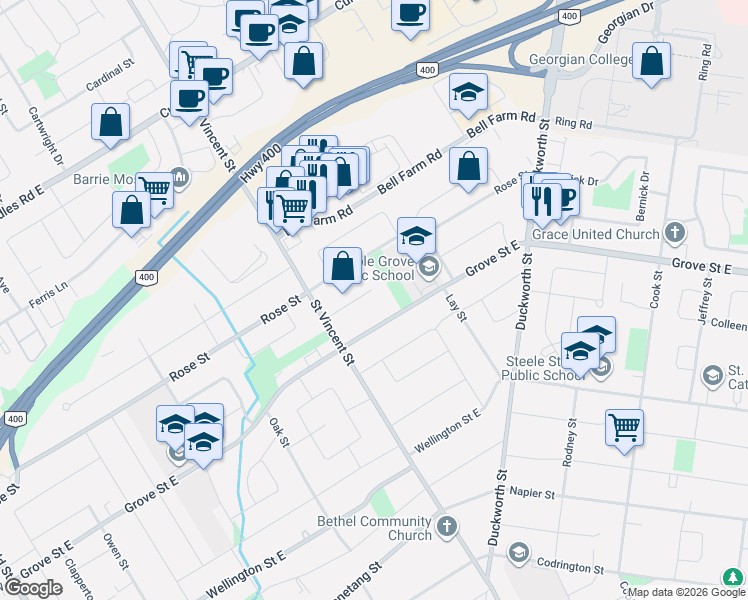 map of restaurants, bars, coffee shops, grocery stores, and more near 17 Burbank Place in Barrie