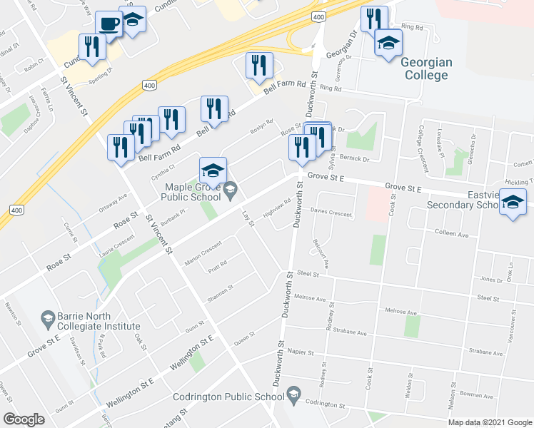 map of restaurants, bars, coffee shops, grocery stores, and more near Highview Road in Barrie