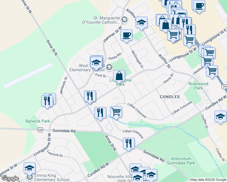 map of restaurants, bars, coffee shops, grocery stores, and more near 7 Weatherup Crescent in Barrie