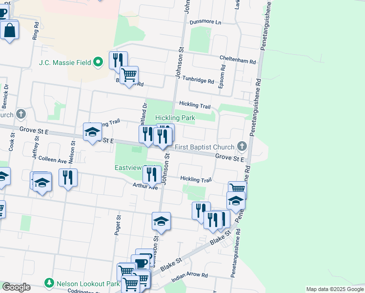 map of restaurants, bars, coffee shops, grocery stores, and more near 500 Grove Street East in Barrie