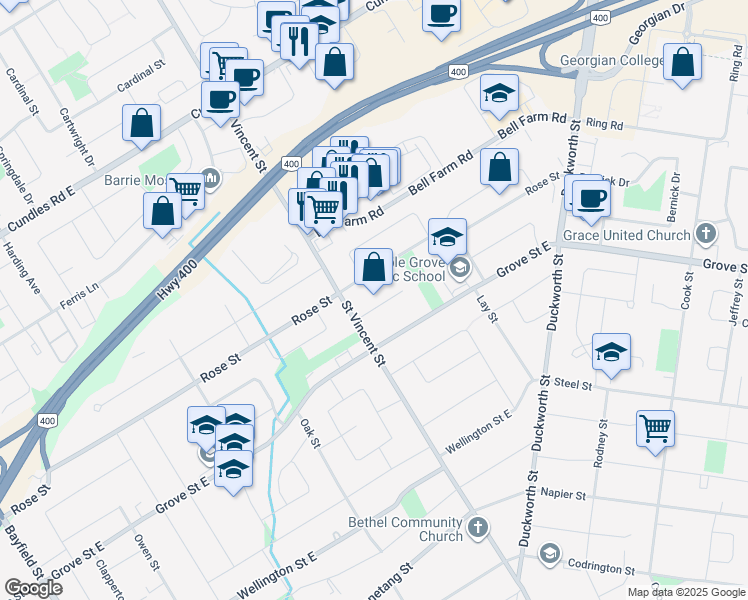 map of restaurants, bars, coffee shops, grocery stores, and more near 36 Burbank Place in Barrie