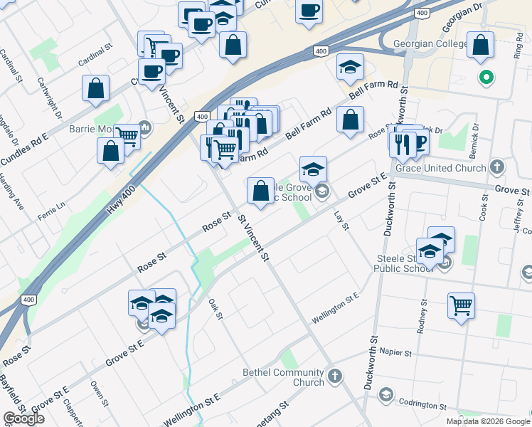 map of restaurants, bars, coffee shops, grocery stores, and more near in Barrie