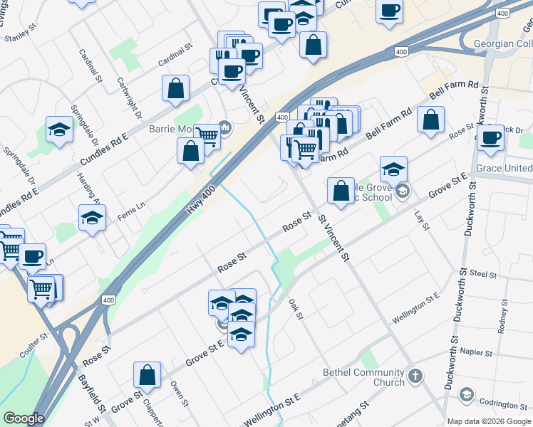 map of restaurants, bars, coffee shops, grocery stores, and more near 76 Ottaway Avenue in Barrie