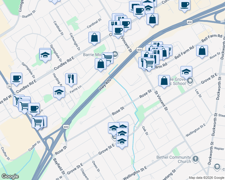 map of restaurants, bars, coffee shops, grocery stores, and more near 28 Currie Street in Barrie