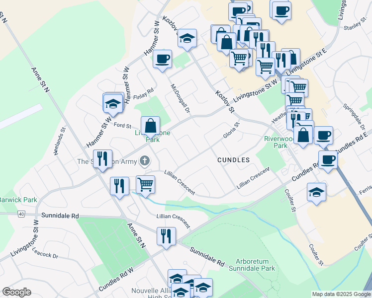 map of restaurants, bars, coffee shops, grocery stores, and more near 9 Coles Street in Barrie