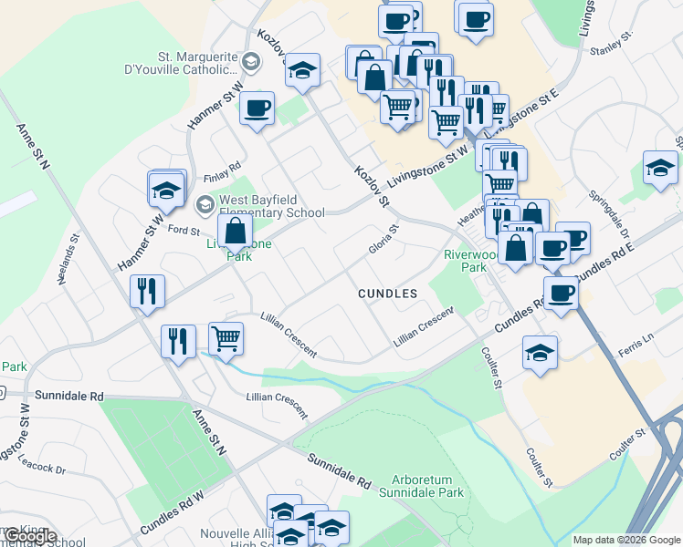 map of restaurants, bars, coffee shops, grocery stores, and more near Gloria Street in Barrie