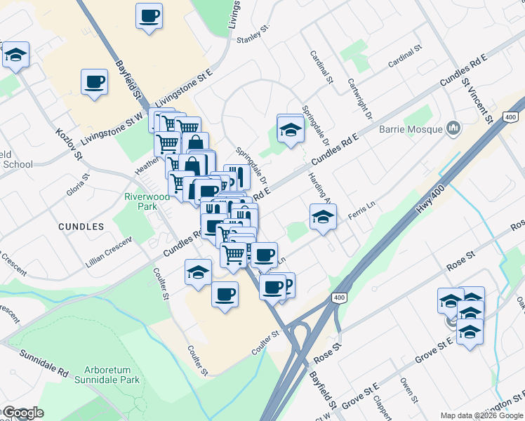 map of restaurants, bars, coffee shops, grocery stores, and more near 52 Charlbrook Avenue in Barrie