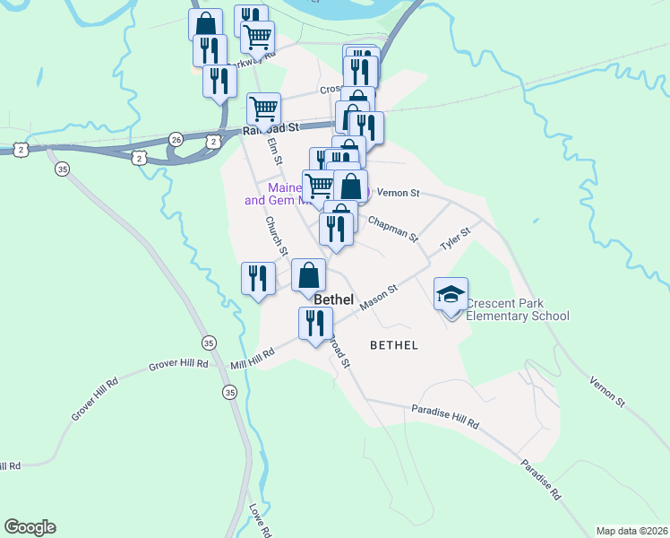 map of restaurants, bars, coffee shops, grocery stores, and more near 51 Main Street in Bethel