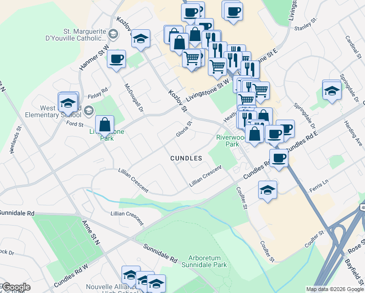 map of restaurants, bars, coffee shops, grocery stores, and more near 49 Noam Drive in Barrie