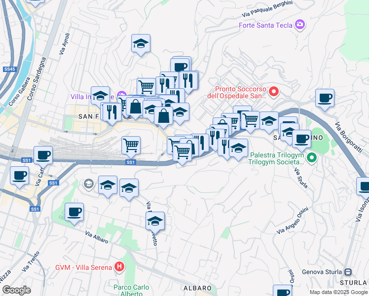 map of restaurants, bars, coffee shops, grocery stores, and more near 2 Viale Benedetto XV in Genova