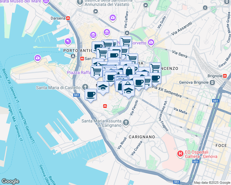 map of restaurants, bars, coffee shops, grocery stores, and more near 1 Via Dante in Genova