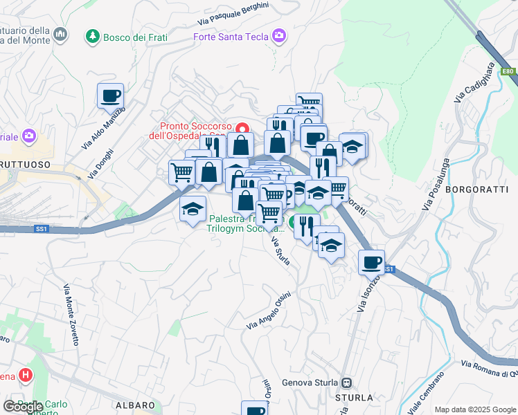 map of restaurants, bars, coffee shops, grocery stores, and more near 16 Via Silvio Lagustena in Genova