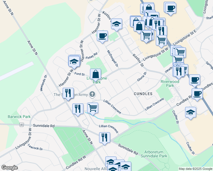 map of restaurants, bars, coffee shops, grocery stores, and more near 19 Craig Crescent in Barrie