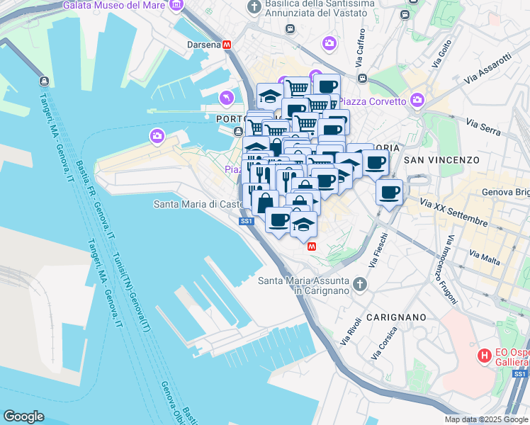 map of restaurants, bars, coffee shops, grocery stores, and more near 15 Salita Santa Maria di Castello in Genova