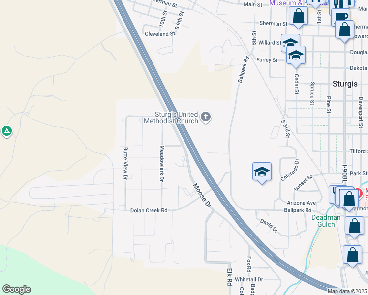 map of restaurants, bars, coffee shops, grocery stores, and more near Moose Drive in Sturgis