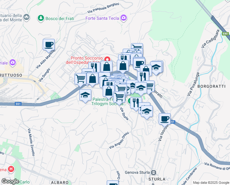 map of restaurants, bars, coffee shops, grocery stores, and more near 16 Via Silvio Lagustena in Genova