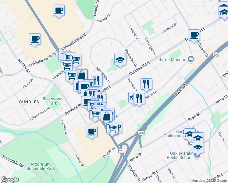 map of restaurants, bars, coffee shops, grocery stores, and more near 36 Charlbrook Avenue in Barrie