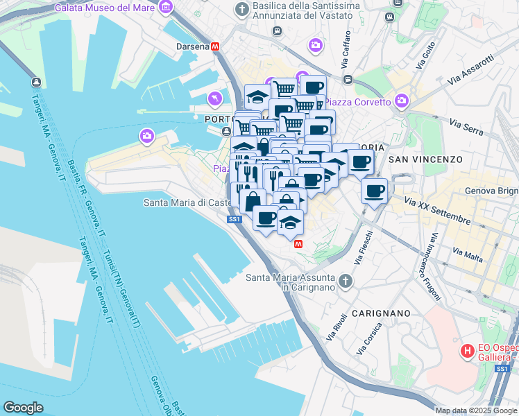 map of restaurants, bars, coffee shops, grocery stores, and more near 10 Salita alla Torre degli Embriaci in Genova