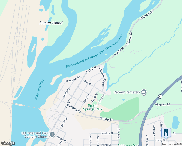 map of restaurants, bars, coffee shops, grocery stores, and more near 1950 1st Street North in Wisconsin Rapids