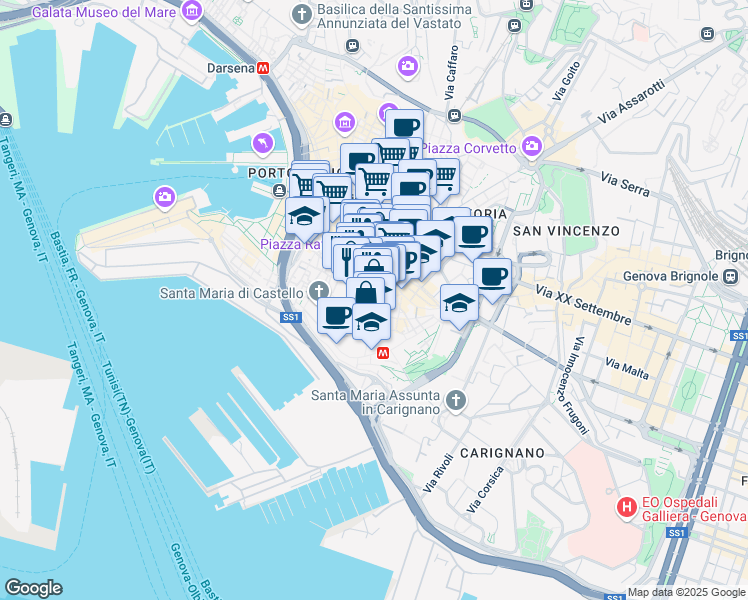 map of restaurants, bars, coffee shops, grocery stores, and more near 58 Via San Donato in Genova
