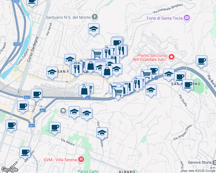 map of restaurants, bars, coffee shops, grocery stores, and more near 117 Via Giovanni Torti in Genoa