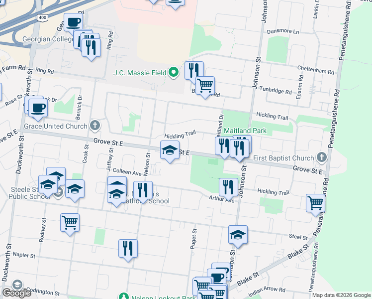 map of restaurants, bars, coffee shops, grocery stores, and more near 430 Grove Street East in Barrie