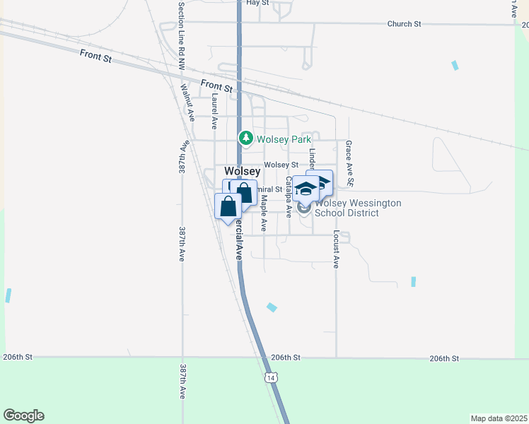 map of restaurants, bars, coffee shops, grocery stores, and more near Ash Street in Wolsey