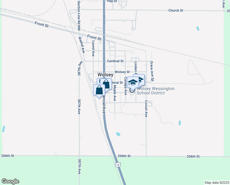 map of restaurants, bars, coffee shops, grocery stores, and more near Ash Street in Wolsey
