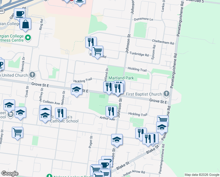 map of restaurants, bars, coffee shops, grocery stores, and more near 21 Maitland Drive in Barrie