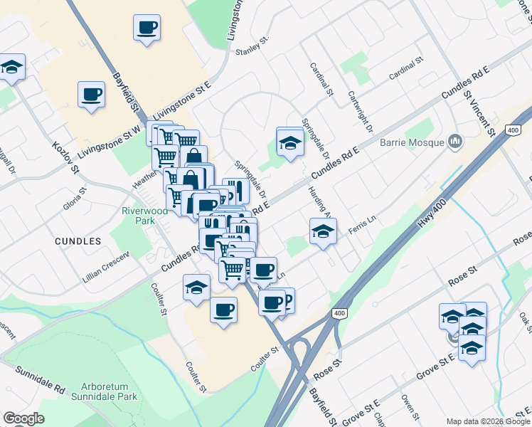 map of restaurants, bars, coffee shops, grocery stores, and more near in Barrie