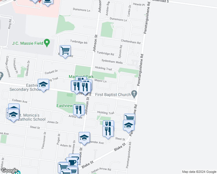 map of restaurants, bars, coffee shops, grocery stores, and more near 40 Blair Crescent in Barrie