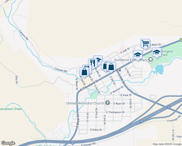 map of restaurants, bars, coffee shops, grocery stores, and more near 301 East Main Street in Sundance