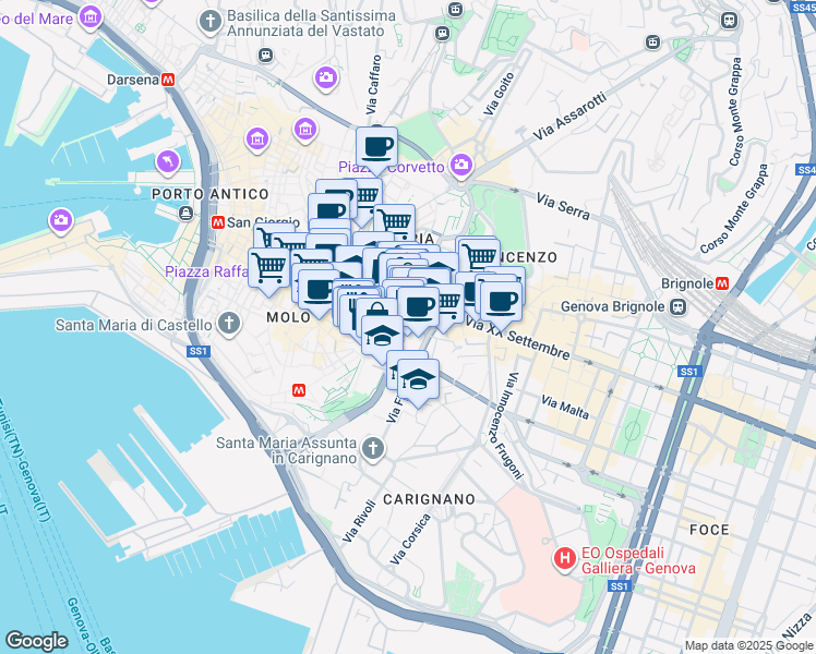 map of restaurants, bars, coffee shops, grocery stores, and more near Vico Dritto di Ponticello in Genova