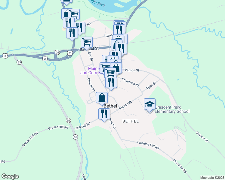 map of restaurants, bars, coffee shops, grocery stores, and more near 51 Main Street in Bethel