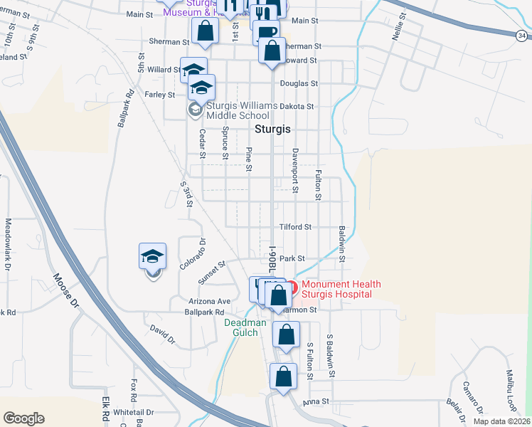 map of restaurants, bars, coffee shops, grocery stores, and more near 1844 Junction Ave in Sturgis