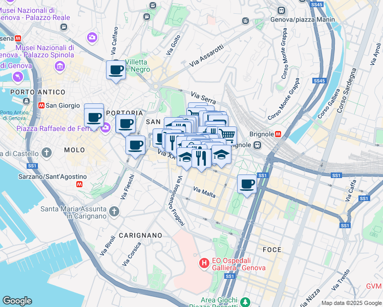map of restaurants, bars, coffee shops, grocery stores, and more near 16 Via della Consolazione in Genova